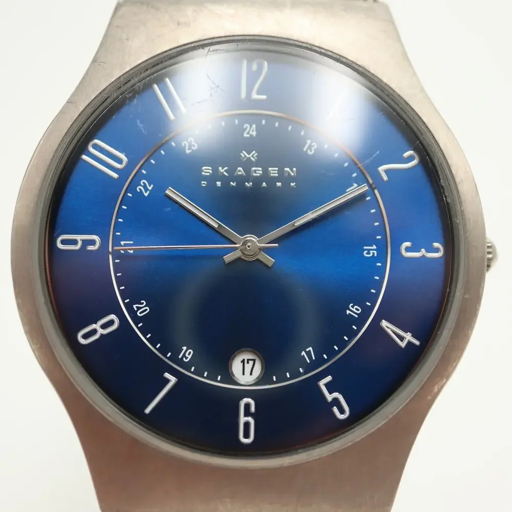 Skagen Titanium Mens Deep Blue 37mm Date Watch Slim Dress Mesh w New Battery